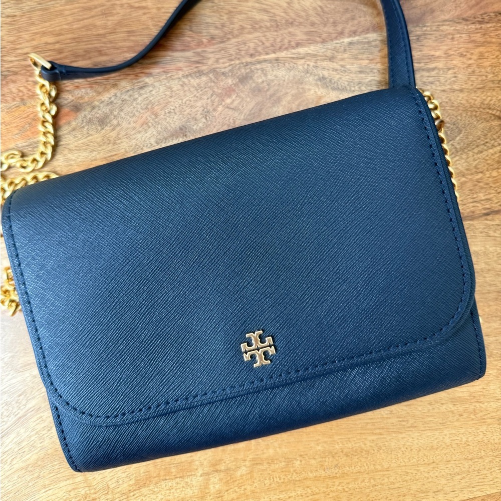 Tory Burch Dark Blue Crossbody Bag with Gold Accents